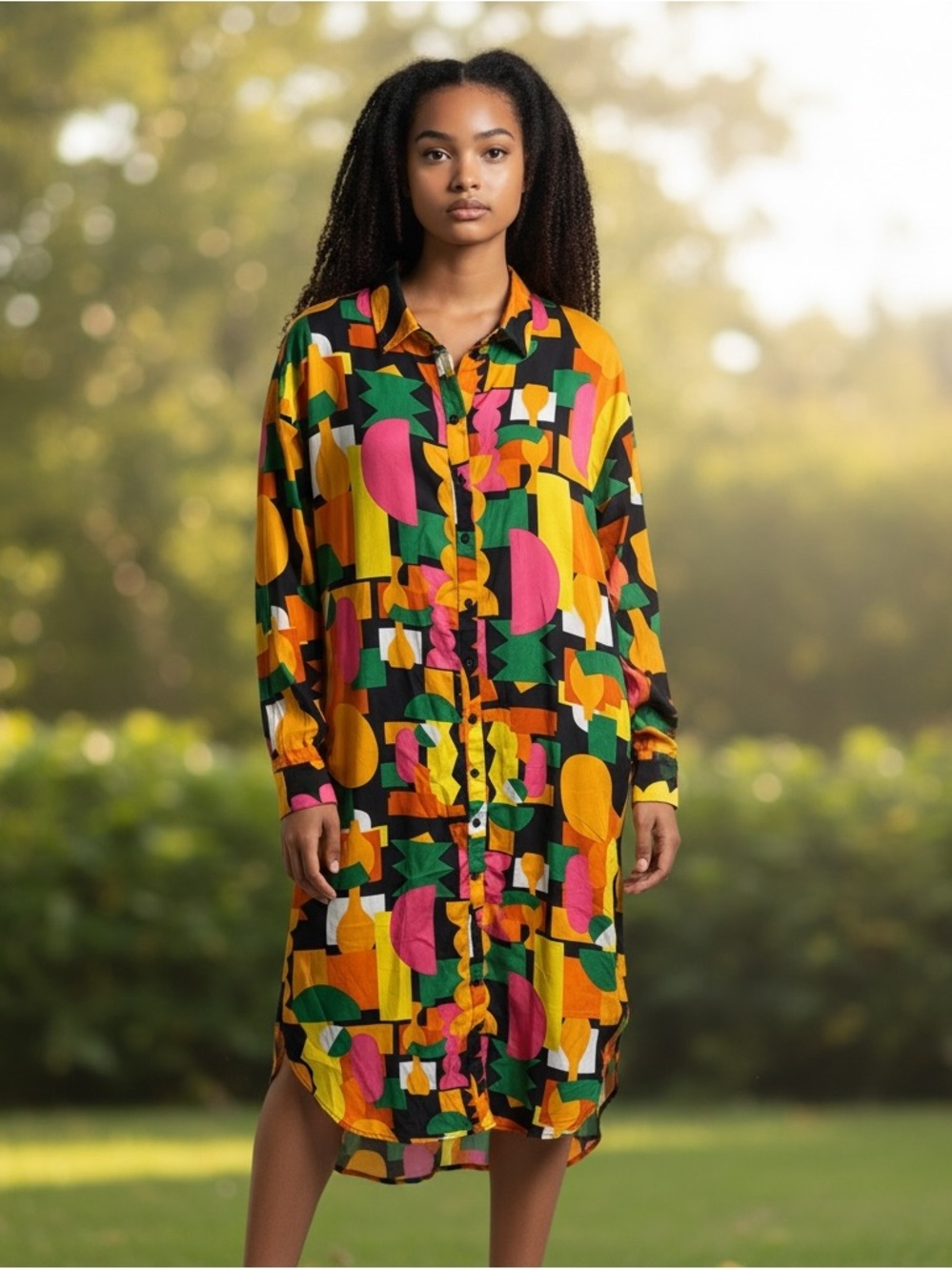 Abstract Geometric Button-Down Shirt Dress in Black Multi